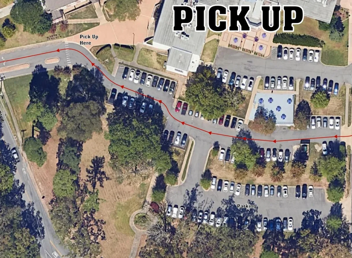 Aerial view of parking lot pickup area.