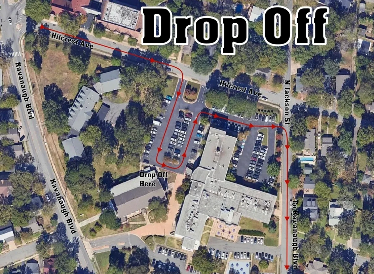 School drop-off route map with arrows