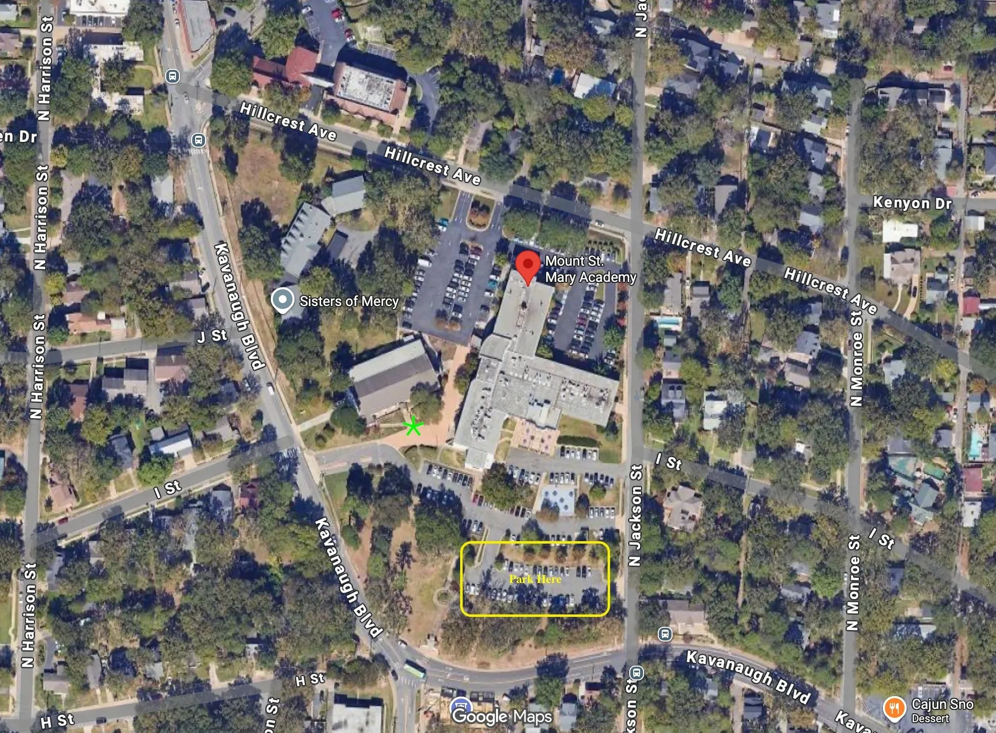 Aerial map showing streets and buildings